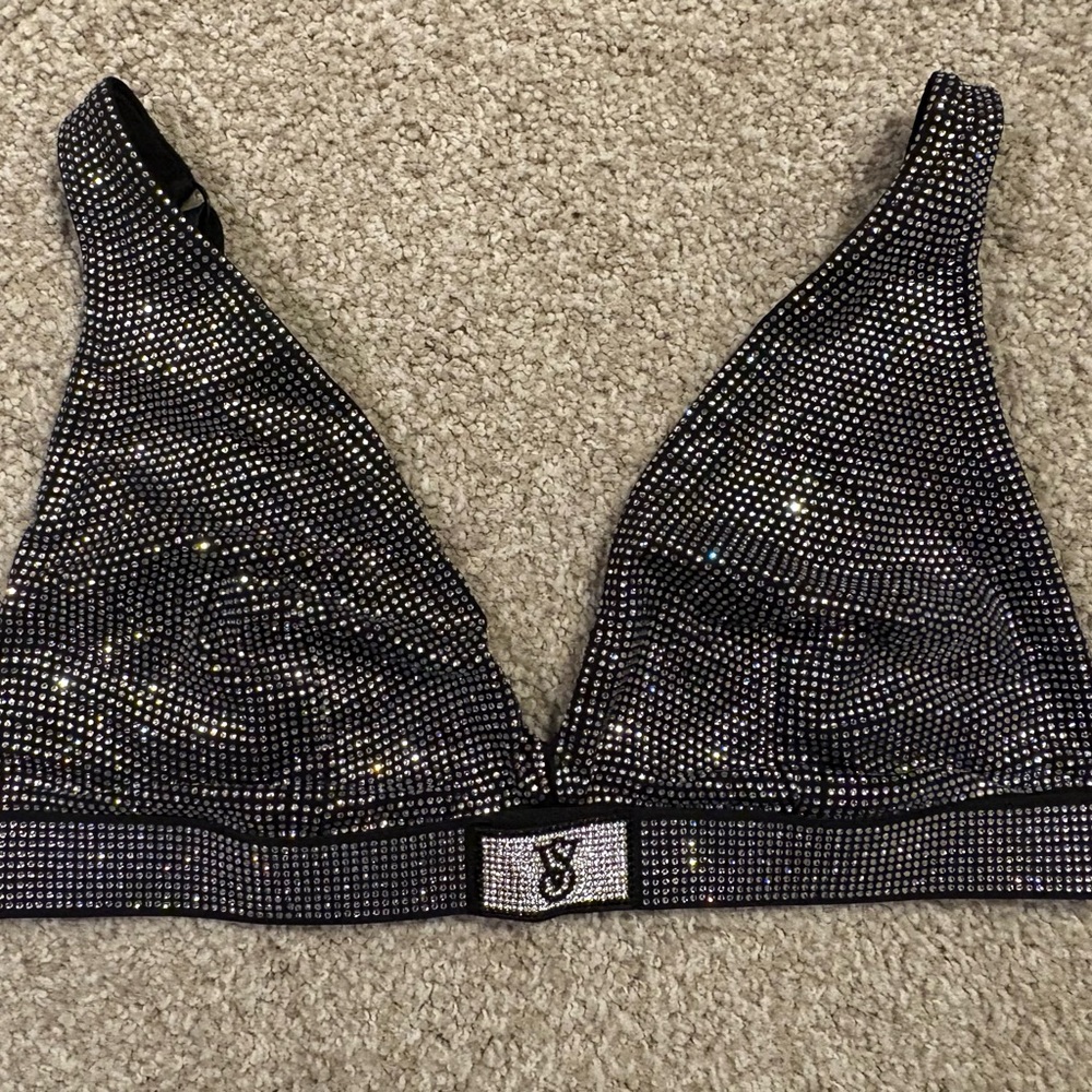 Victoria Secret Black Shine Plunge Unlined Bra Side Large New With Tags $89